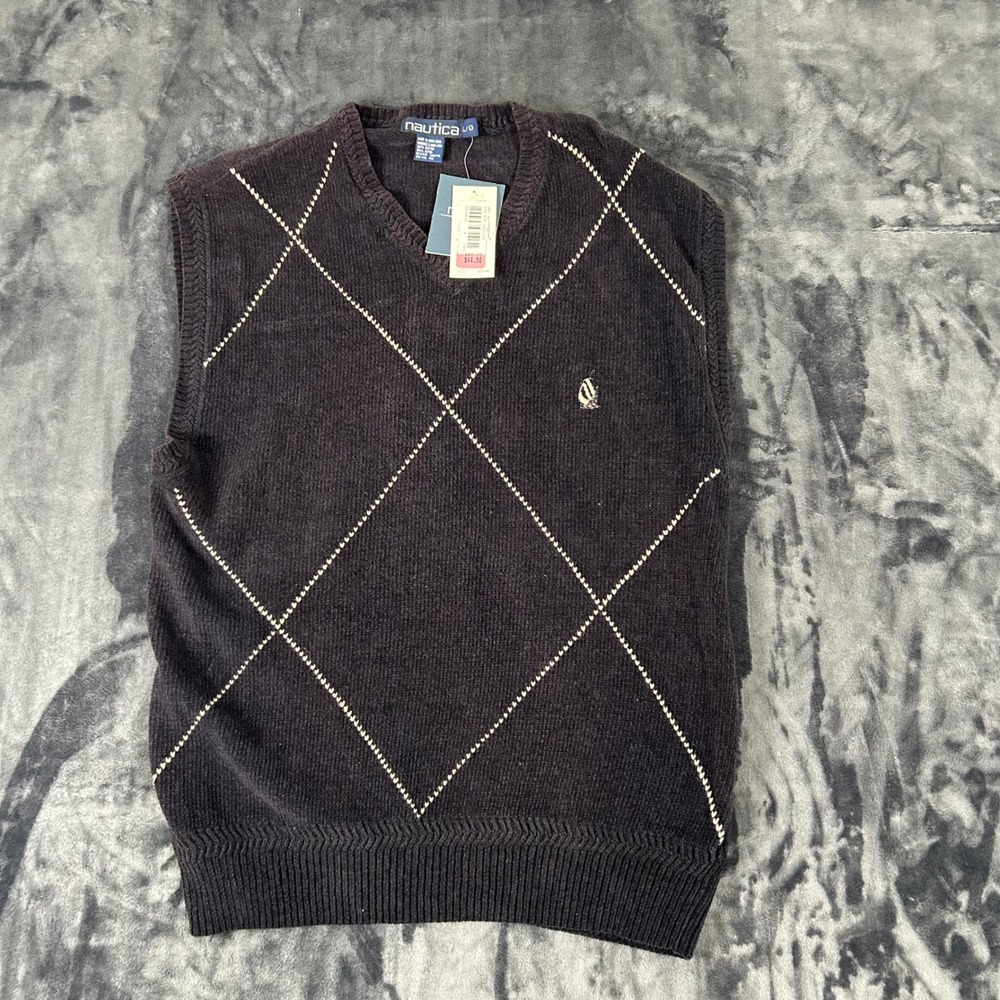 Nautica Sweater Vest Mens Large Navy Blue Argyle V-Neck Cotton Knit 2678